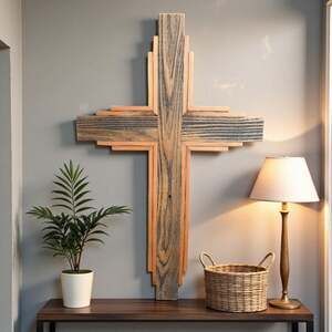19”x30”x1.25” weathered Wood Cross Hanging stacked layered cedar Decor
